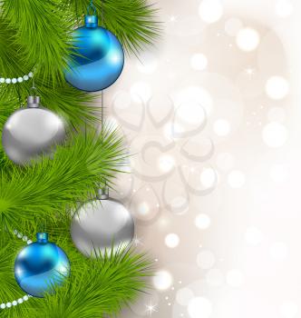 Illustration Christmas glowing background with fir branches and glass balls - vector
