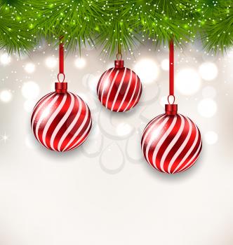 Illustration New Year background with glass hanging balls and fir twigs - vector