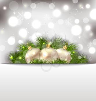 Illustration Merry Christmas postcard with fir branches and golden balls - vector
