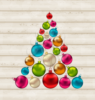 Illustration Christmas tree made of colorful balls on wooden background - vector