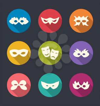 Illustration set flat icons of Carnival or theatre masks with long shadows - vector