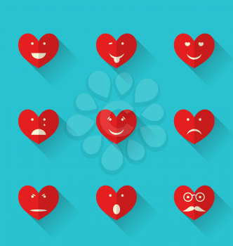 Illustration set flat icons of smiles heart, style with long shadows - vector