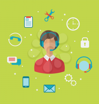Illustrations concept of call center with operator woman in headset , helpdesk service - vector