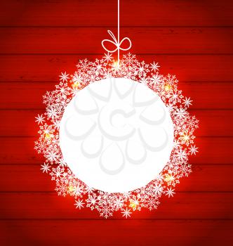 Illustration Christmas round frame made in snowflakes on red wooden background, copy space for your text - vector