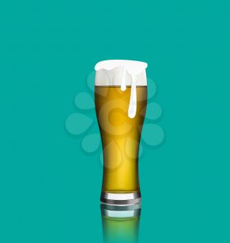 Illustration close up realistic glass of beer with reflection - vector