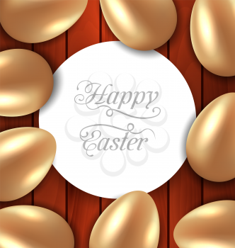 Illustration congratulation card with Easter golden glossy eggs on wooden background - vector
