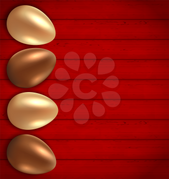 Illustration Easter chocolate and golden eggs on red wooden background - vector