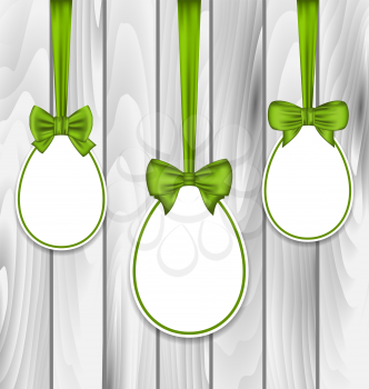 Illustration Easter three papers eggs wrapping green bows on grey wooden background - vector