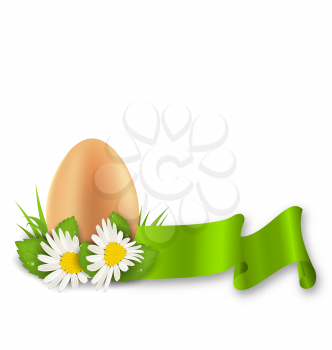 Illustration traditional Easter egg with flowers daisy, grass and ribbon, copy space for your text - vector
