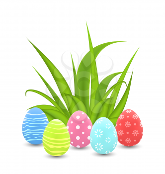 Illustration traditional colorful ornamental eggs with grass for  Easter - vector