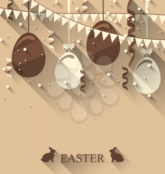 Illustration Easter background with chocolate eggs, serpentine and bunting flap, trendy flat style - vector