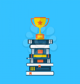 Illustration flat icons of heap textbooks and cup of award - vector