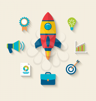 Illustration concept of launch a new innovation product on a market, flat icons with long shadows style - vector