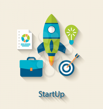 Illustration concept of new business project startup development, flat icons with long shadows style - vector