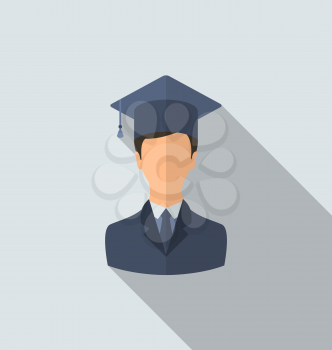 Illustration flat icon of male graduate in graduation hat, minimal style with long shadow - vector