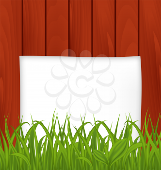 Illustration paper sheet and green grass on wooden texture - vector