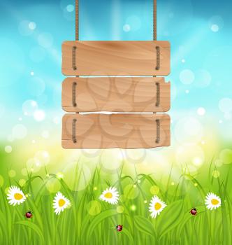 Illustration spring morning, meadow and camomiles with wooden sign, natural landscape - vector