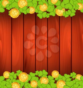 Illustration clovers and golden coins on brown wooden background for St. Patrick's Day - vector