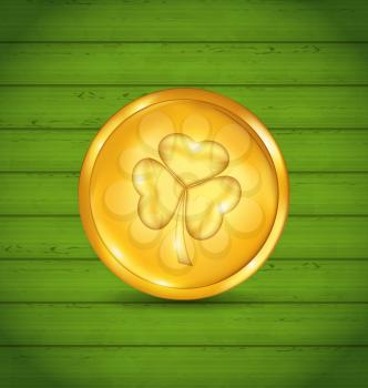 Illustration golden coin with clover on green wooden texture for St. Patrick's Day - vector