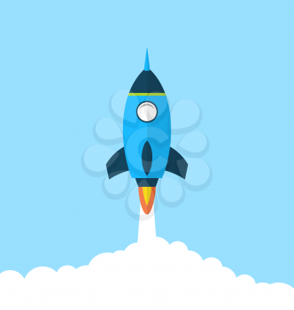 Illustration flat icon of rocket with long shadow style, startup concept - vector