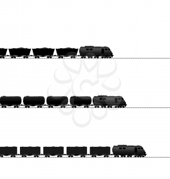 Illustration three train with powered locomotive, cisterns oil, coal freight wagons, container wagons on railroad ways (black icons transportation isolated on white) - vector