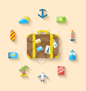 Illustration flat set icons tourism objects and equipment with suitcase, long shadow style - vector