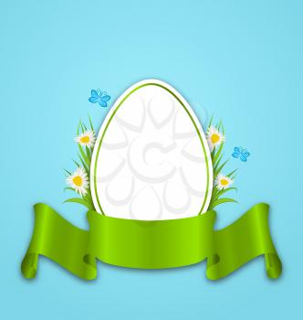 Illustration Easter paper egg with flowers daisy, grass, butterfly and ribbon, copy space for your text - vector