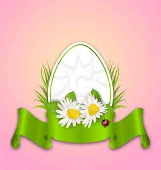 Illustration Easter paper egg with flowers daisy, grass, butterfly and ribbon - vector