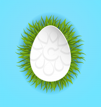Illustration Happy Easter paper card in form egg with green grass, copy space for your text - vector