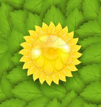 Illustration Abstract Sun on Green Leaves Seamless Texture, Eco Friendly Background - vector