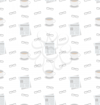 Illustration Seamless Pattern with Newspapers, Coffee and Eyeglasses, Flat Business Icons, Repeating Wallpaper - Vector