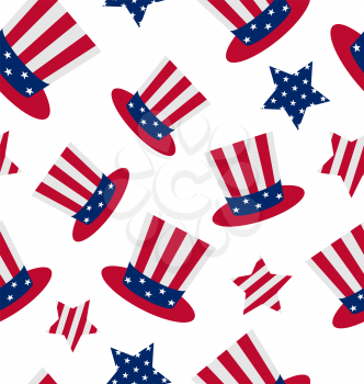 Illustration seamless pattern with Uncle Sam's top hat and stars for american holidays, repeating backdrop - vector