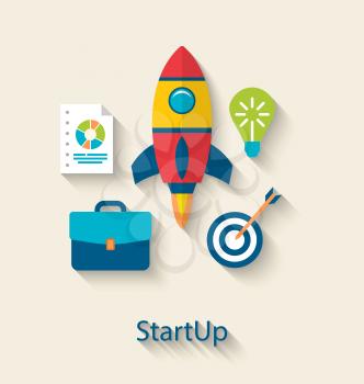 Illustration Concept of New Business Project Startup Development, Flat simple Colorful Icons with Long Shadows Style - Vector