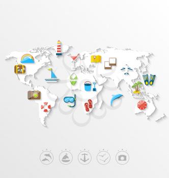Illustration Map of World Travel Concept, Simple Colorful Flat Icons. Long Shadow Style. Holidays and Vacation - Vector