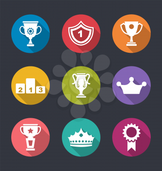 Illustration Award Flat Icons Set of Prizes and Trophy Signs, Long Shadow Style - Vector