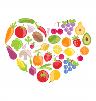 Illustration Set Colorful Vegetables and Fruits in Heart Shape - Vector
