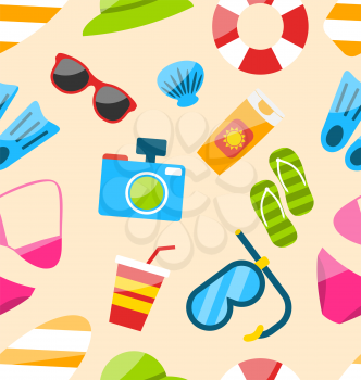 Illustration Beach Seamless Pattern with Tourism Objects and Equipments, Colorful Flat Icons - Vector