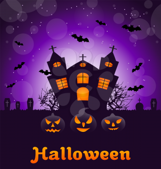 Illustration Halloween Nature Background with Castle, Pumpkins, Bats, Cemetery, Advertising Flyer - Vector