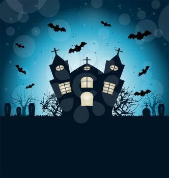 Illustration Halloween Abstract Background with Castle, Bats, Cemetery. Copy Space for Your Text - Vector