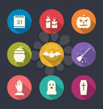 Illustration Party Flat Icons with Halloween Elements and Objects - Vector