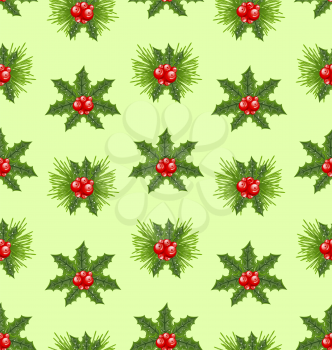 Seamless Pattern Christmas Holly Berry Background - vector