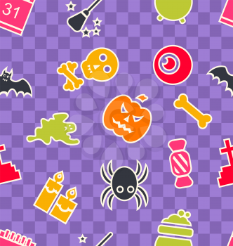 Illustration Seamless Abstract Pattern with Cartoon Colorful Halloween Symbols - Vector