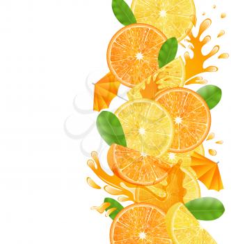 Illustration Abstract Border with Sliced Oranges and Lemons, Leaves and Juice Splash Fruits, Isolated on White Background - Vector