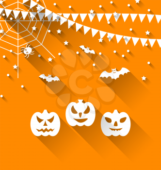 Illustration Halloween Paper Background with Pumpkins Bats, Spyder, Web and Bunting Pennants, Trendy Flat Style - Vector