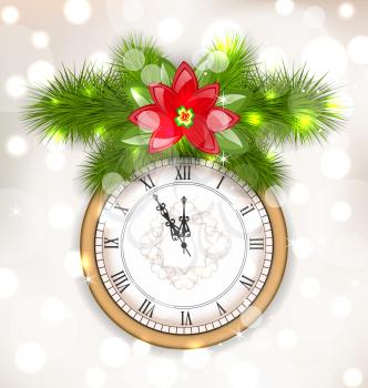 Illustration New Year Midnight Background with Clock, Fir Twigs and Poinsettia Flower - Vector