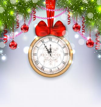 Illustration New Year Midnight Background with Clock, Balls and Fir Twigs - Vector