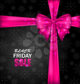 Illustration Snowflakes Dark Background with Bow Ribbon for Black Friday Sales - Vector