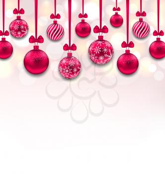 Illustration Christmas Pink Glassy Balls with Bow Ribbon, Glitter Background - Vector