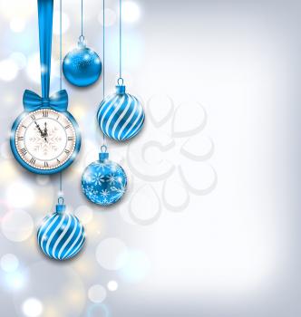 Illustration New Year Shiny Background with Clock and Glass Balls, Glowing Wallpaper - Vector