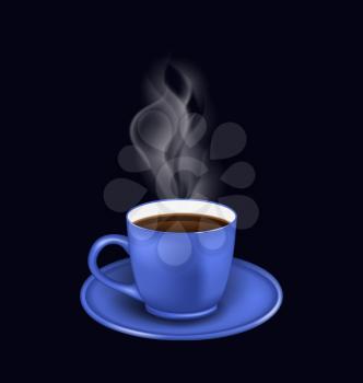Illustration isolated realistic blue coffee cup with steam on black background -  vector